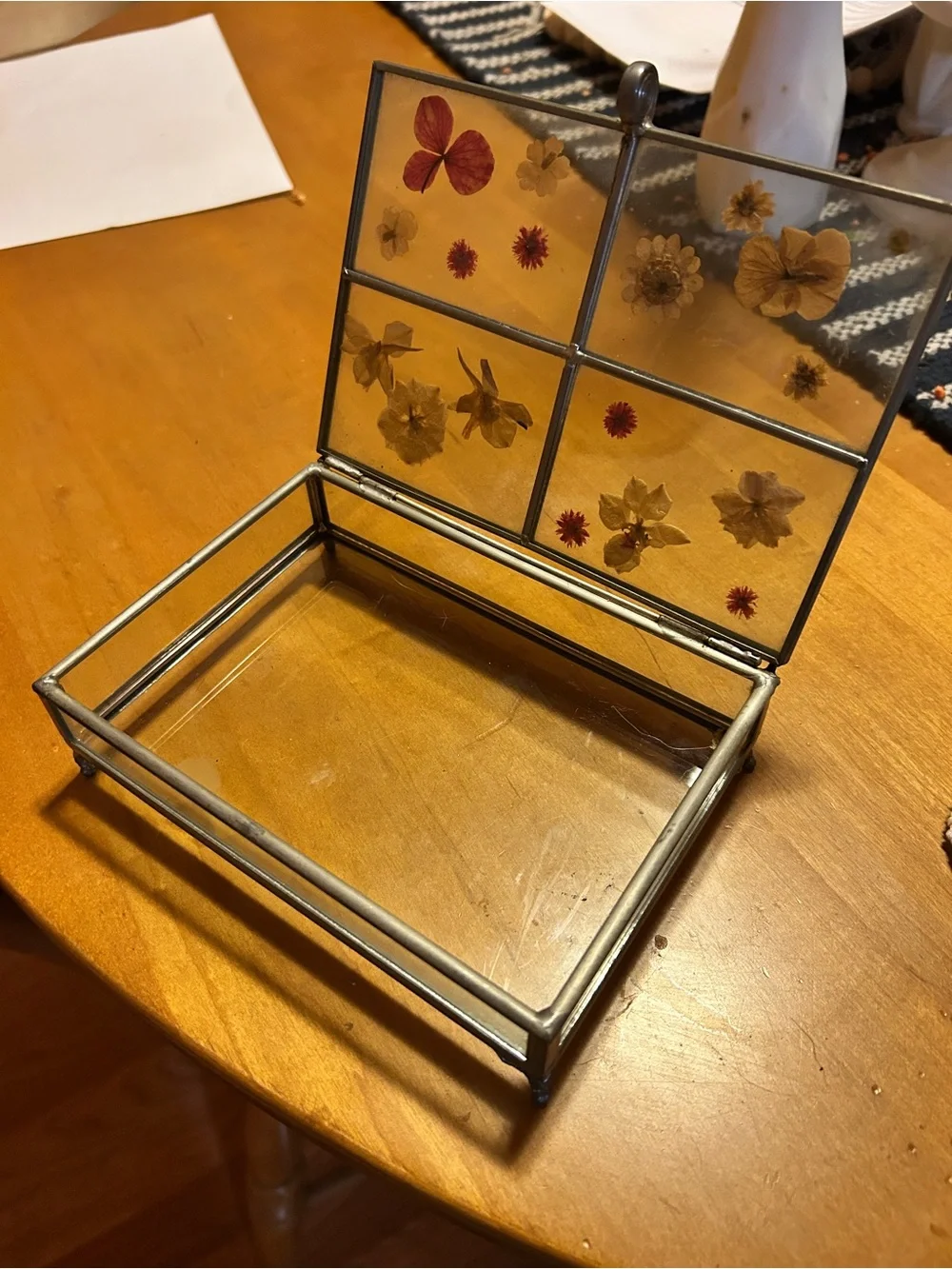 Vintage Glass Display/Jewelry Box with Pressed Flowers, Metal Frame and Legs